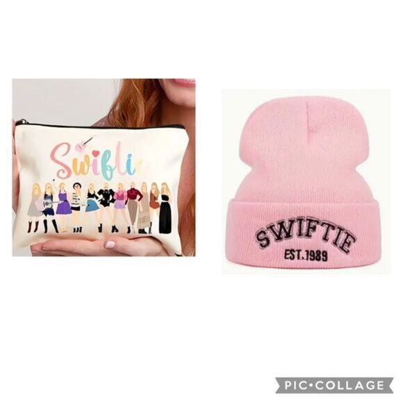 Taylor Swift Handbags - NWT Taylor Swift “Swiftie” Canvas Zipper Makeup Bag, Pink Beanie & Heat Transfer